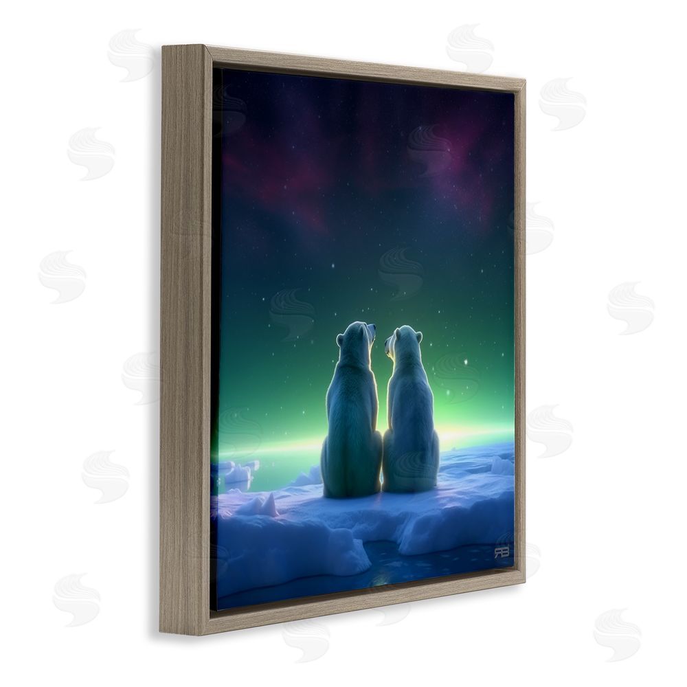 RB Polar Bears & Northern Lights Brown Floating Frame Canvas Wall Art Print