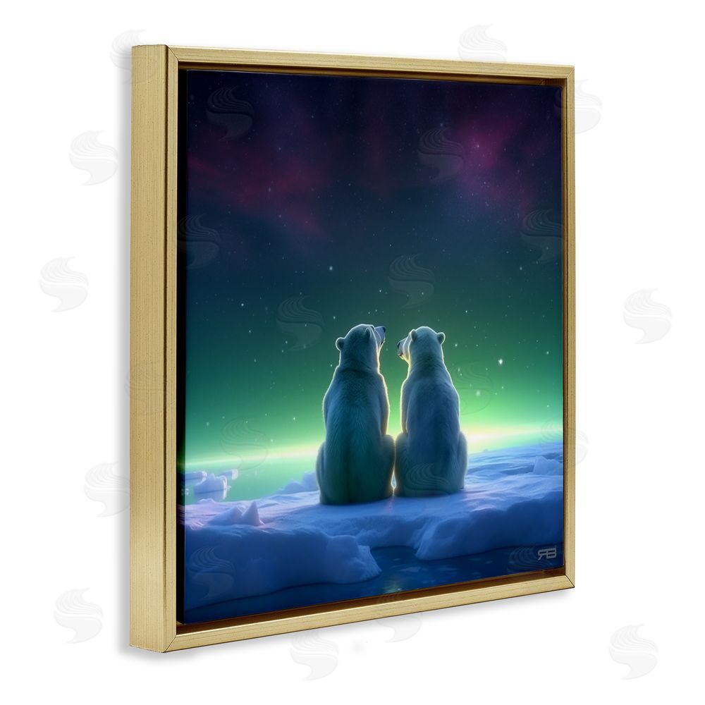 RB Polar Bears & Northern Lights Gold Floating Frame Canvas Wall Art Print