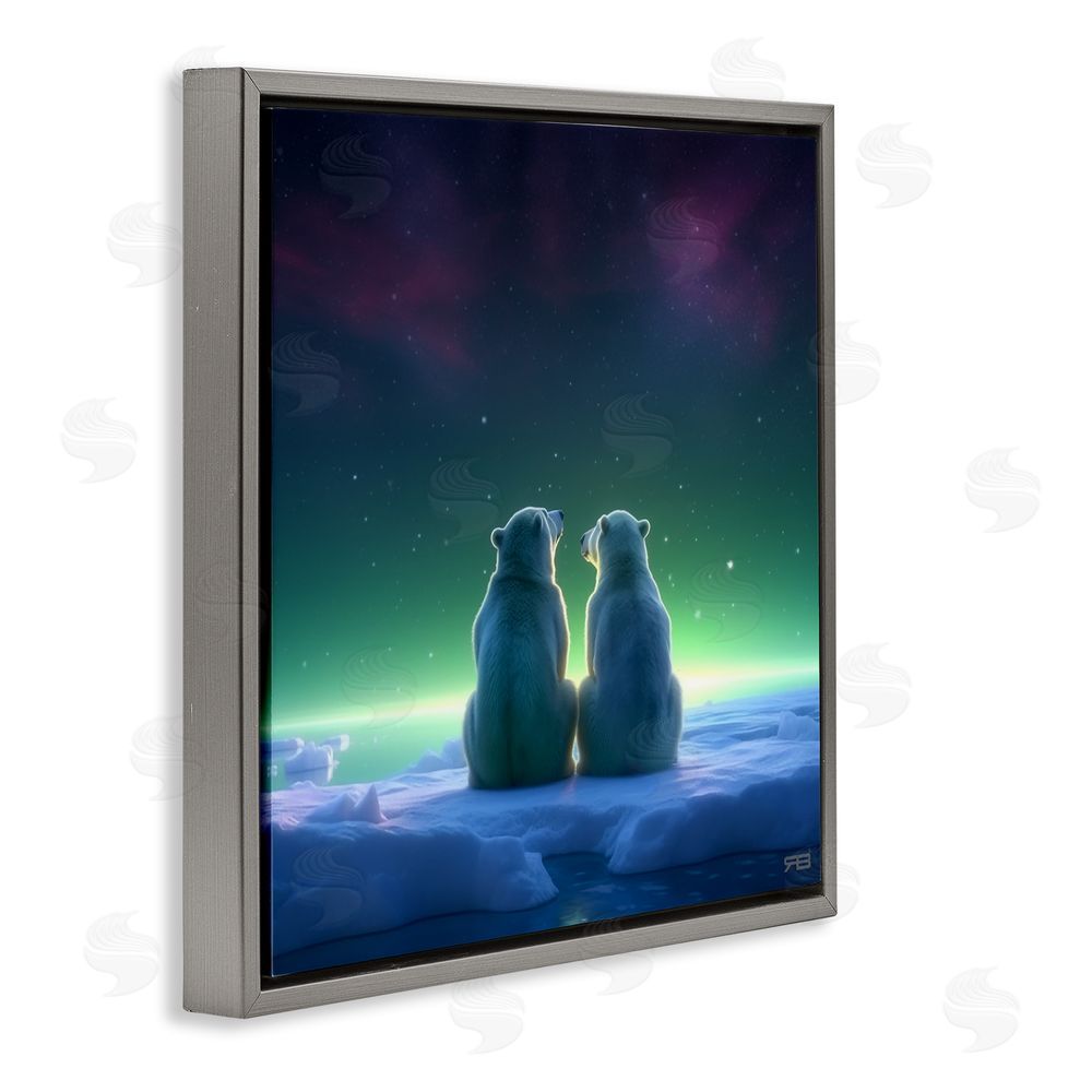RB Polar Bears & Northern Lights Gray Floating Frame Canvas Wall Art Print
