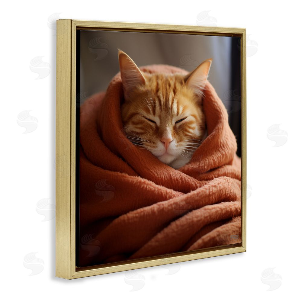 RB Cuddling Sleepy Cat Gold Floating Frame Canvas Wall Art Print