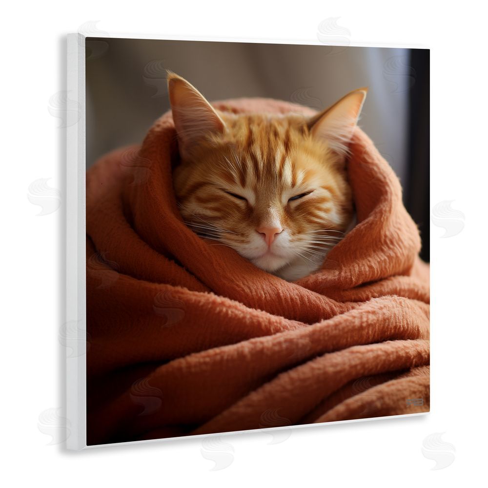 RB Cuddling Sleepy Cat Wooden Wall Plaque Art Print
