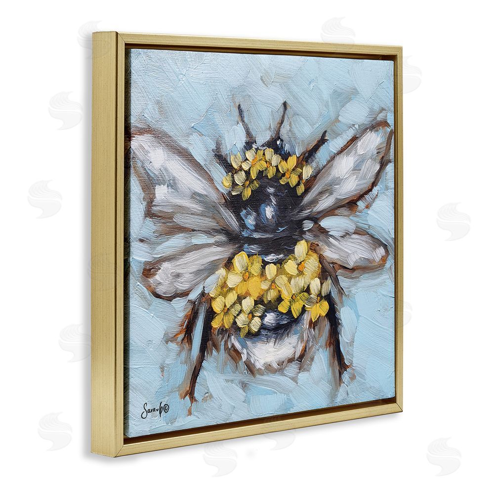 Sara G. Designs Abstract Bee with Flowers Gold Floating Frame Canvas Wall Art Print