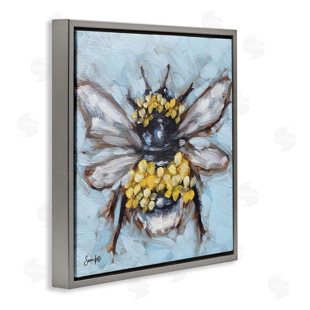 Sara G. Designs Abstract Bee with Flowers Gray Floating Frame Canvas Wall Art Print