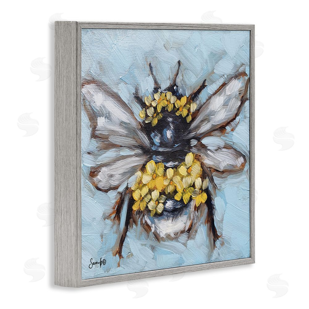 Sara G. Designs Abstract Bee with Flowers Gray Framed Glicee Wall Art Print
