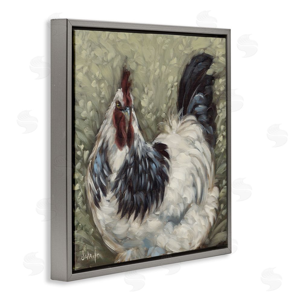 Sara G. Designs Hen in Country Meadow Gray Floating Frame Canvas Wall Art Print