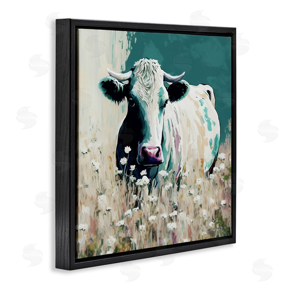Seven Trees Design Modern Cow in Meadow Black Floating Frame Canvas Wall Art Print