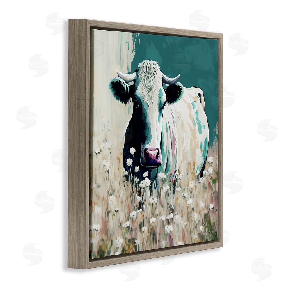 Seven Trees Design Modern Cow in Meadow Brown Floating Frame Canvas Wall Art Print