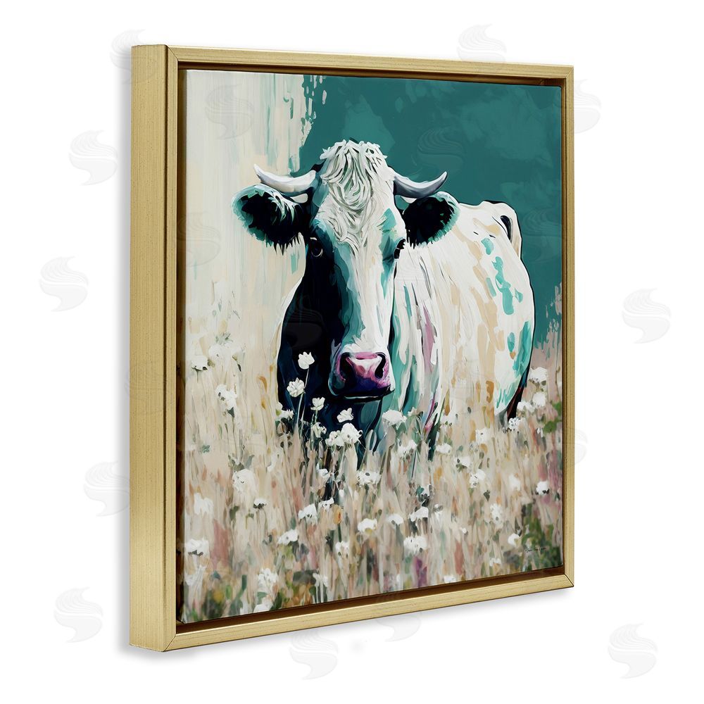Seven Trees Design Modern Cow in Meadow Gold Floating Frame Canvas Wall Art Print