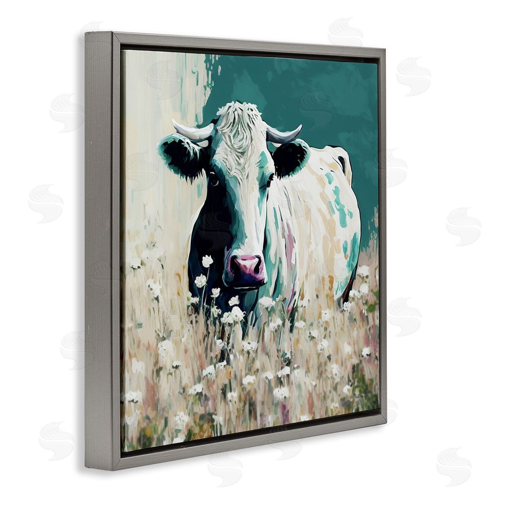 Seven Trees Design Modern Cow in Meadow Gray Floating Frame Canvas Wall Art Print
