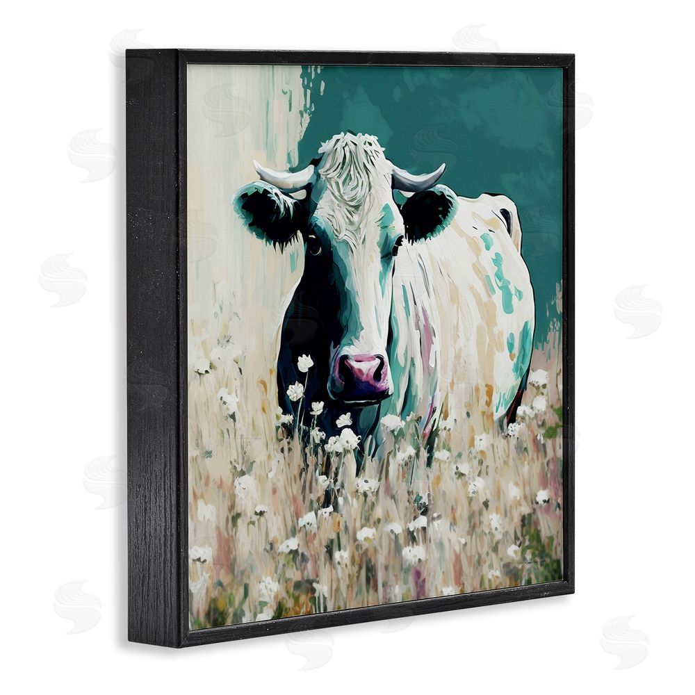 Seven Trees Design Modern Cow in Meadow Black Framed Glicee Wall Art Print