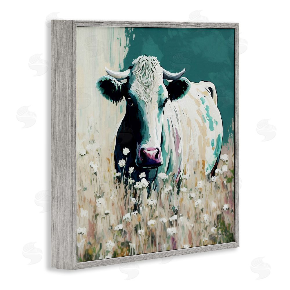 Seven Trees Design Modern Cow in Meadow Gray Framed Glicee Wall Art Print