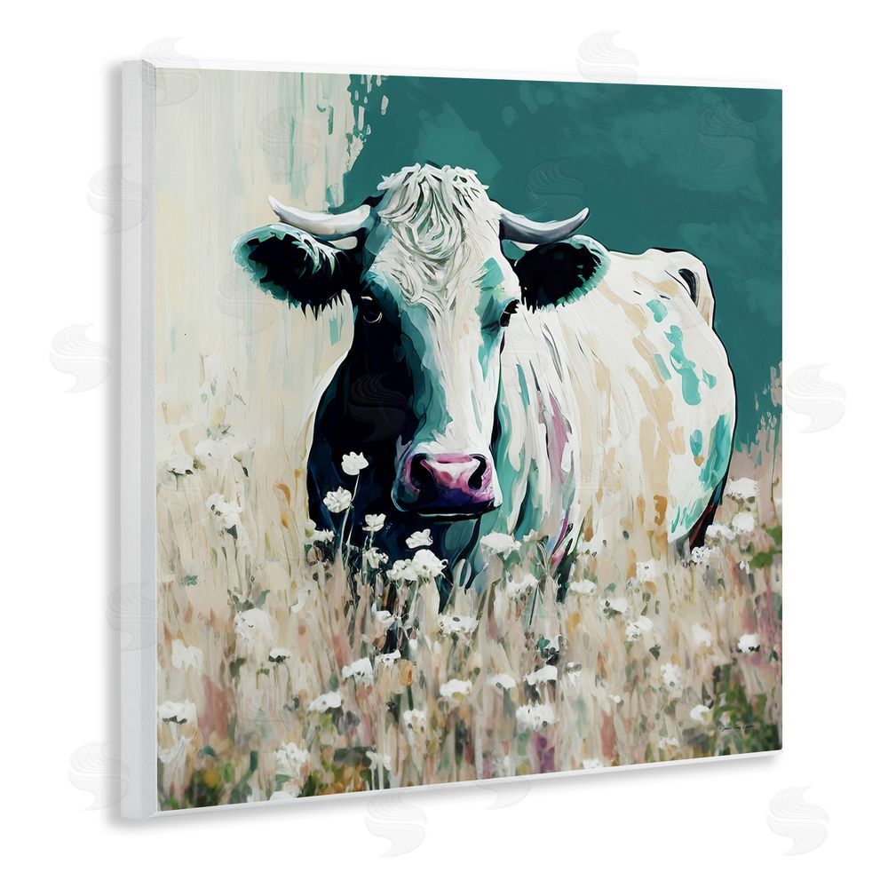 Seven Trees Design Modern Cow in Meadow Wooden Wall Plaque Art Print