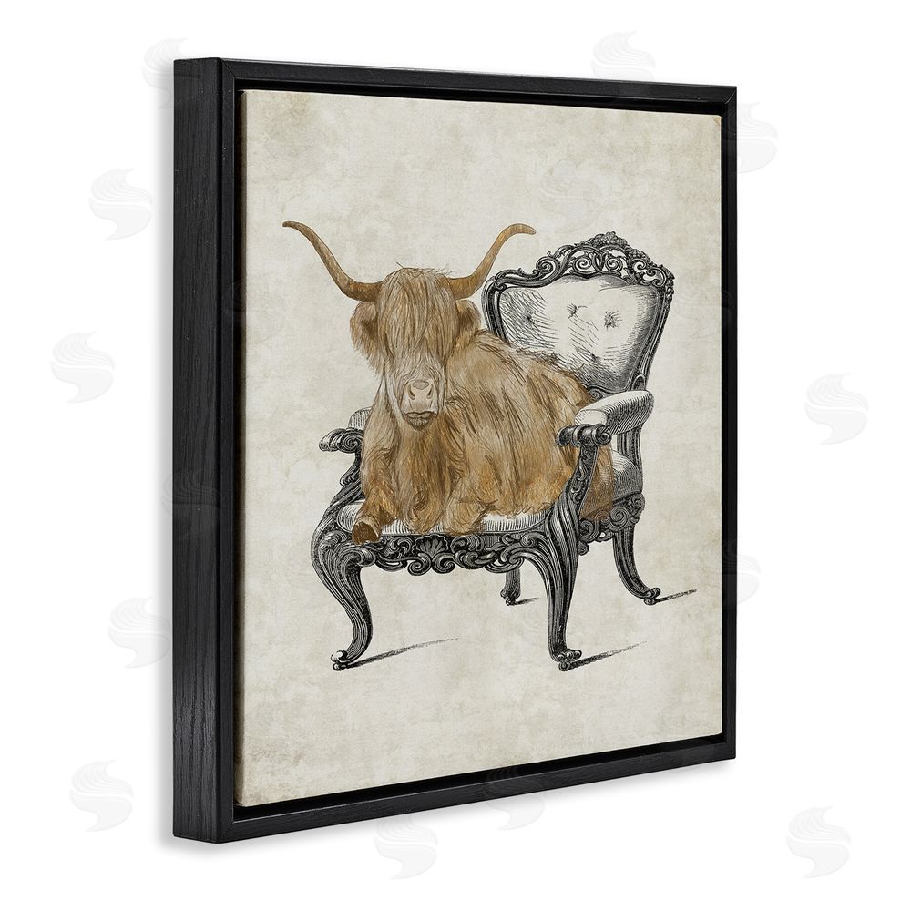 Elizabeth Medley Longhorn & Vintage Armchair Black Floating Frame Canvas Wall Art Print