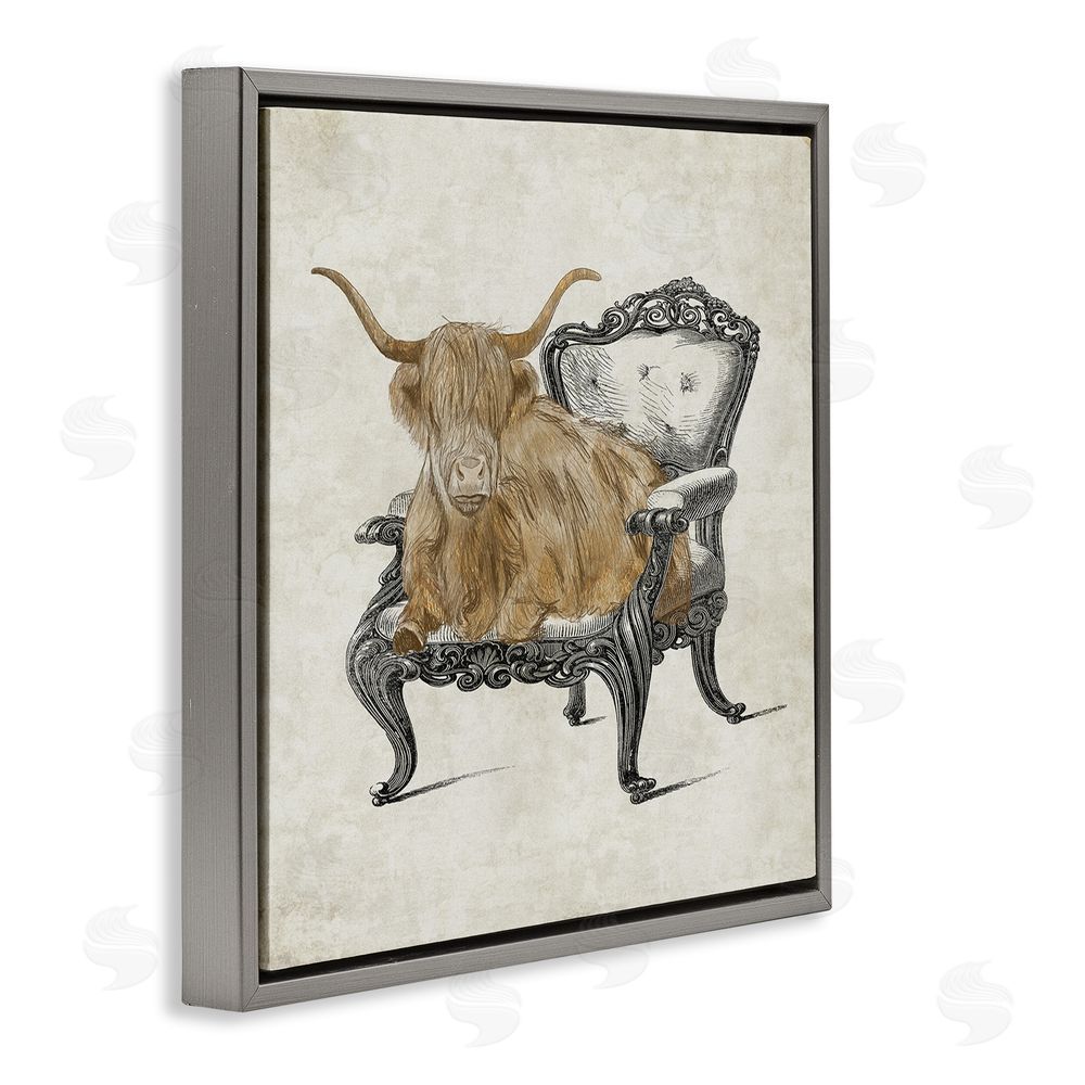 Elizabeth Medley Longhorn & Vintage Armchair Gray Floating Frame Canvas Wall Art Print