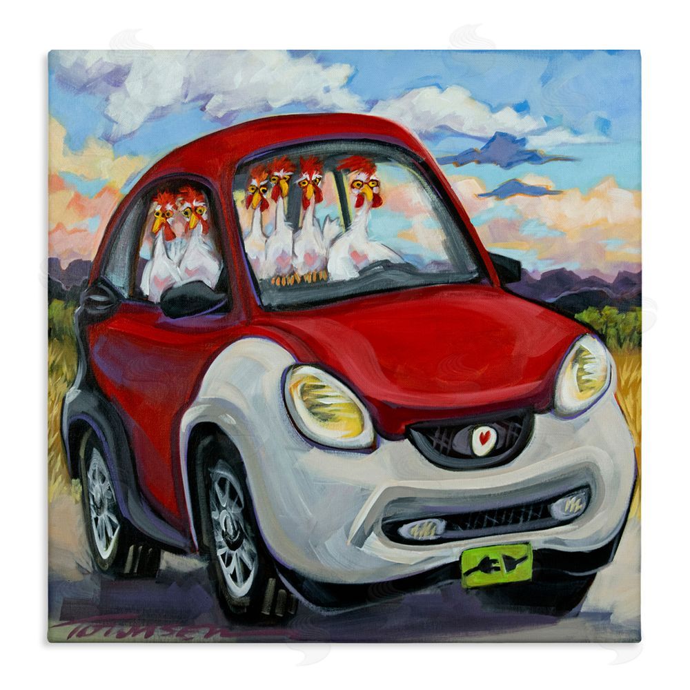 CR Townsend Chickens Driving Car Stretched Canvas Wall Art Print