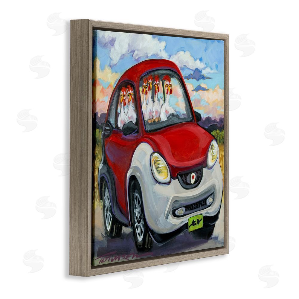 CR Townsend Chickens Driving Car Brown Floating Frame Canvas Wall Art Print