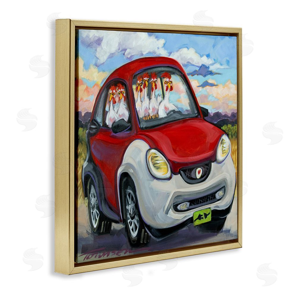 CR Townsend Chickens Driving Car Gold Floating Frame Canvas Wall Art Print