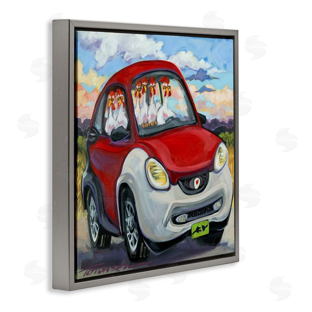 CR Townsend Chickens Driving Car Gray Floating Frame Canvas Wall Art Print