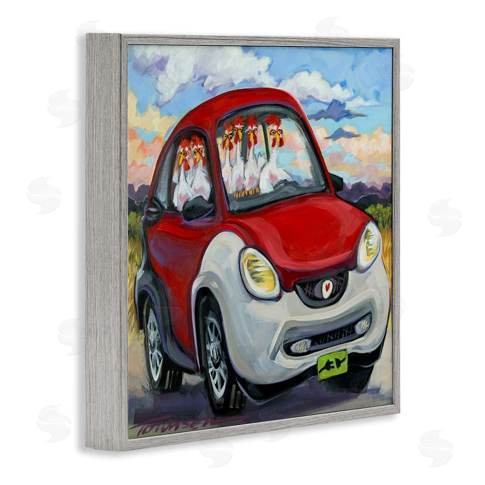 CR Townsend Chickens Driving Car Gray Framed Glicee Wall Art Print