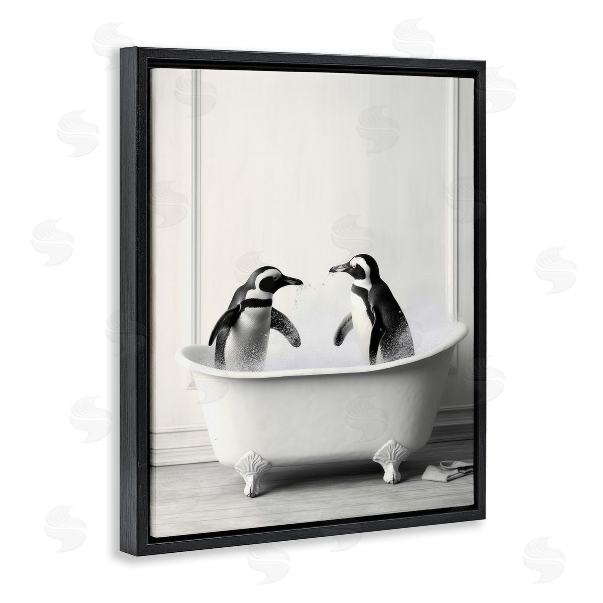 Penguin Duo in Bath Black Floating Frame Canvas Wall Art, Home Decor by Lazar Studio