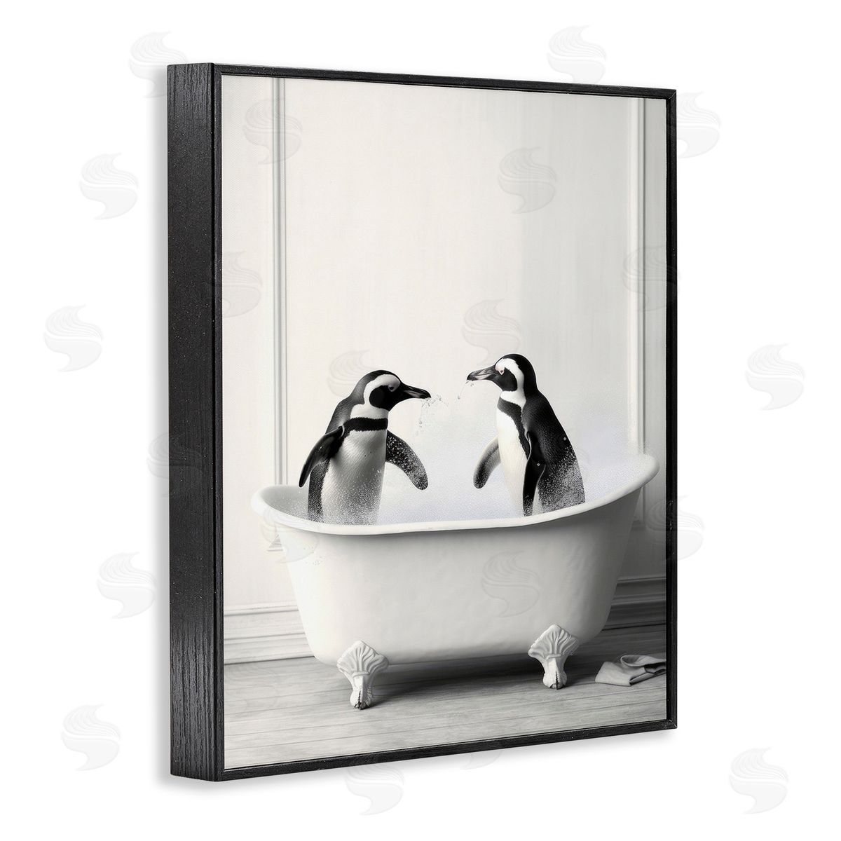 Penguin Duo in Bath Black Frame Print Wall Art, Home Decor by Lazar Studio