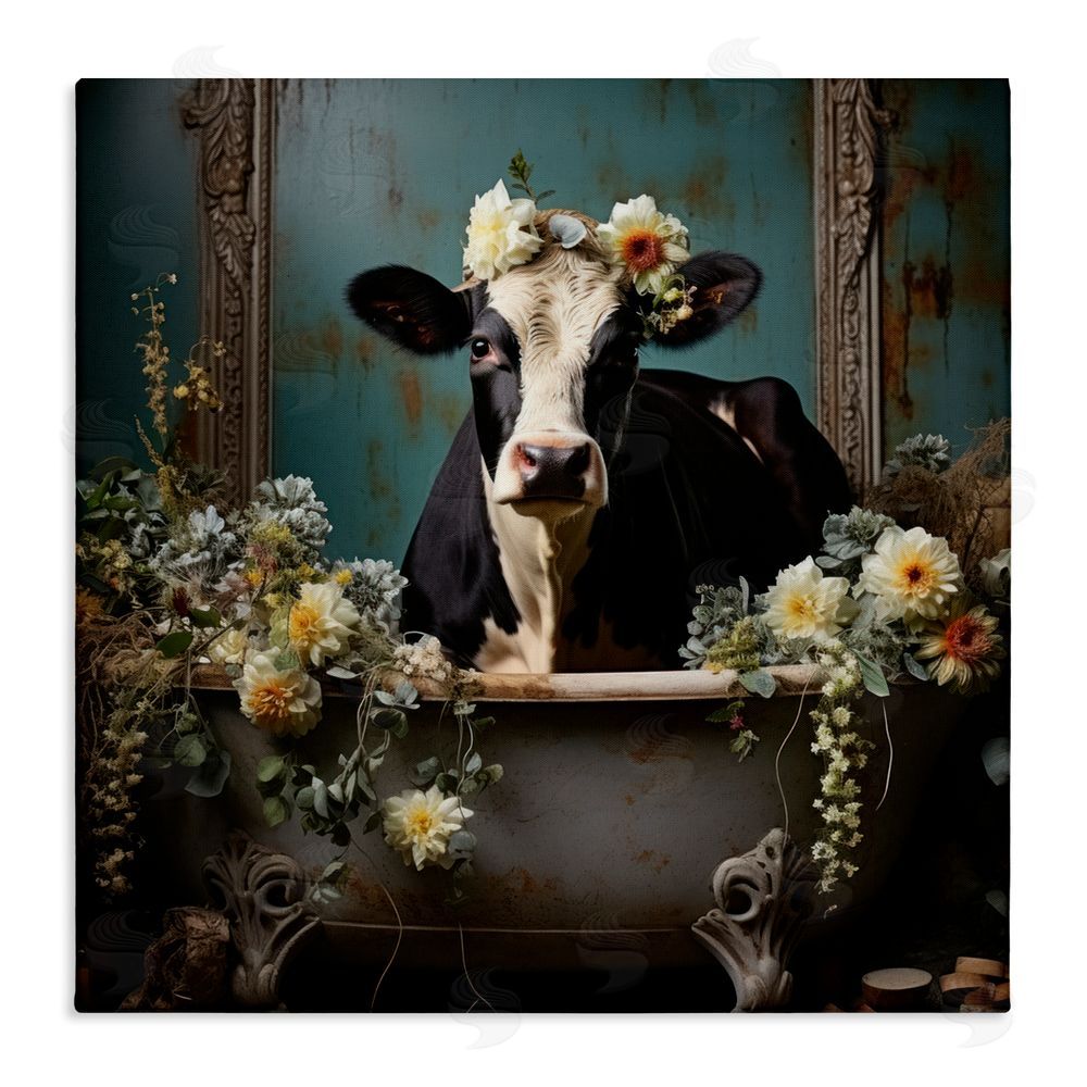 Lazar Studio Vintage Cow in Bathtub Stretched Canvas Wall Art Print
