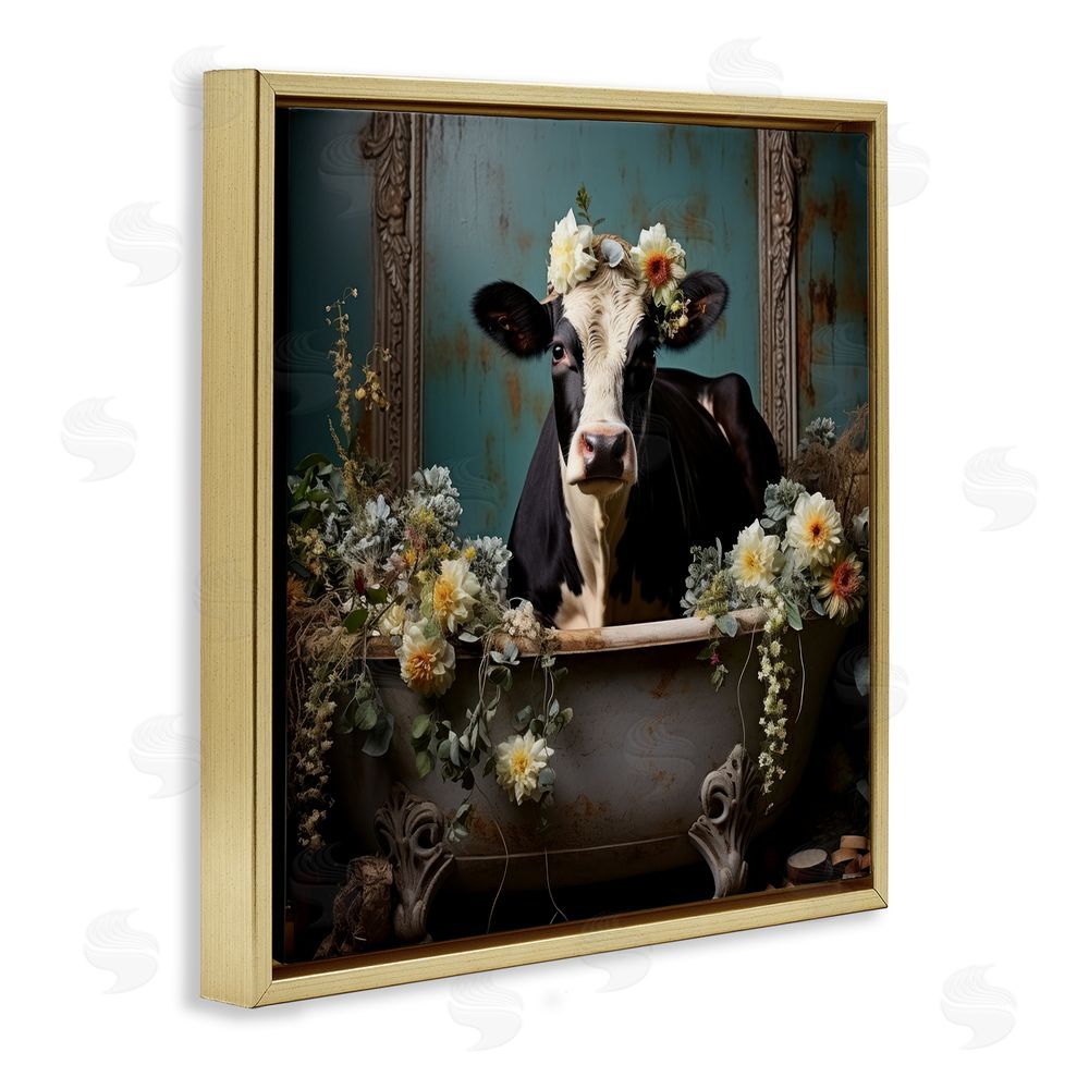 Lazar Studio Vintage Cow in Bathtub Gold Floating Frame Canvas Wall Art Print