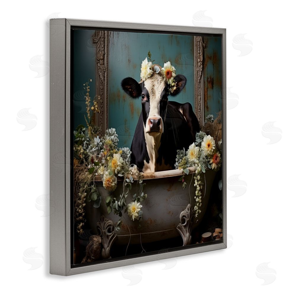 Lazar Studio Vintage Cow in Bathtub Gray Floating Frame Canvas Wall Art Print