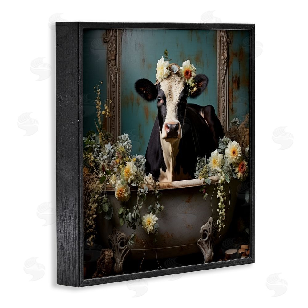 Lazar Studio Vintage Cow in Bathtub Black Framed Glicee Wall Art Print
