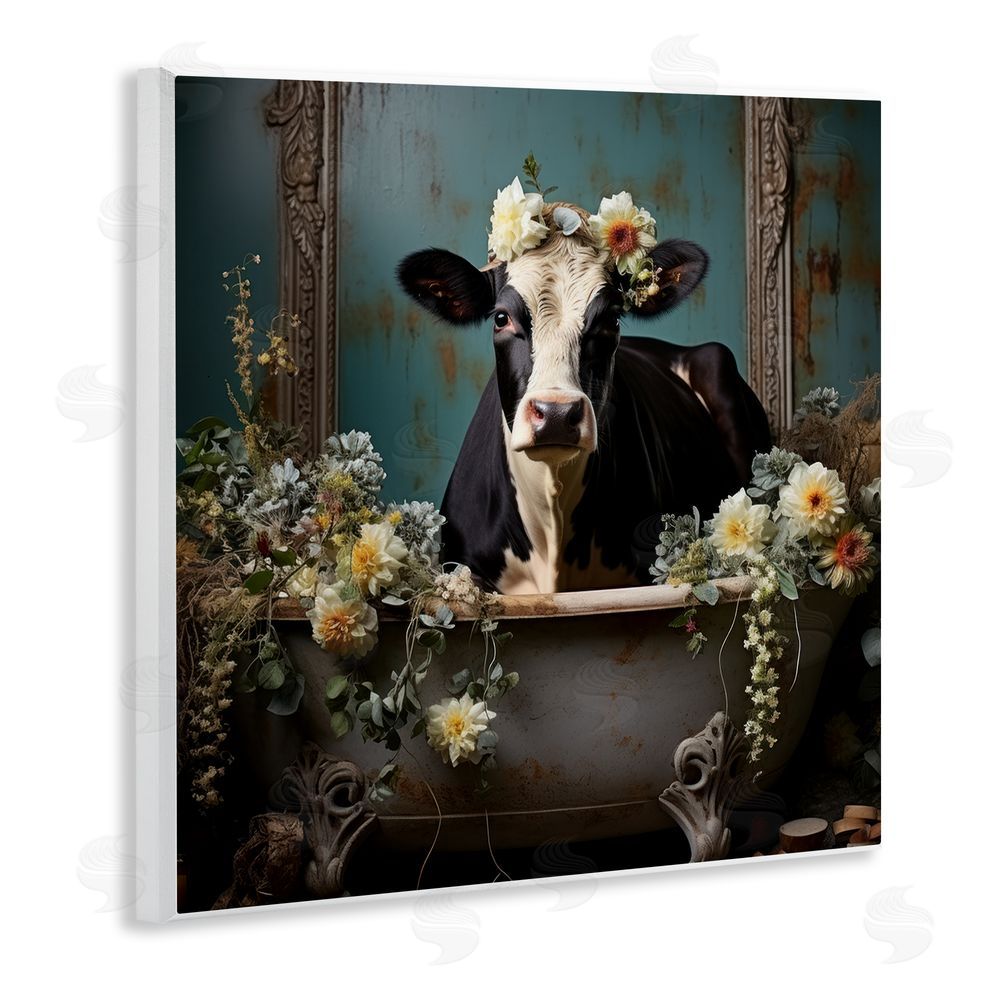 Lazar Studio Vintage Cow in Bathtub Wooden Wall Plaque Art Print