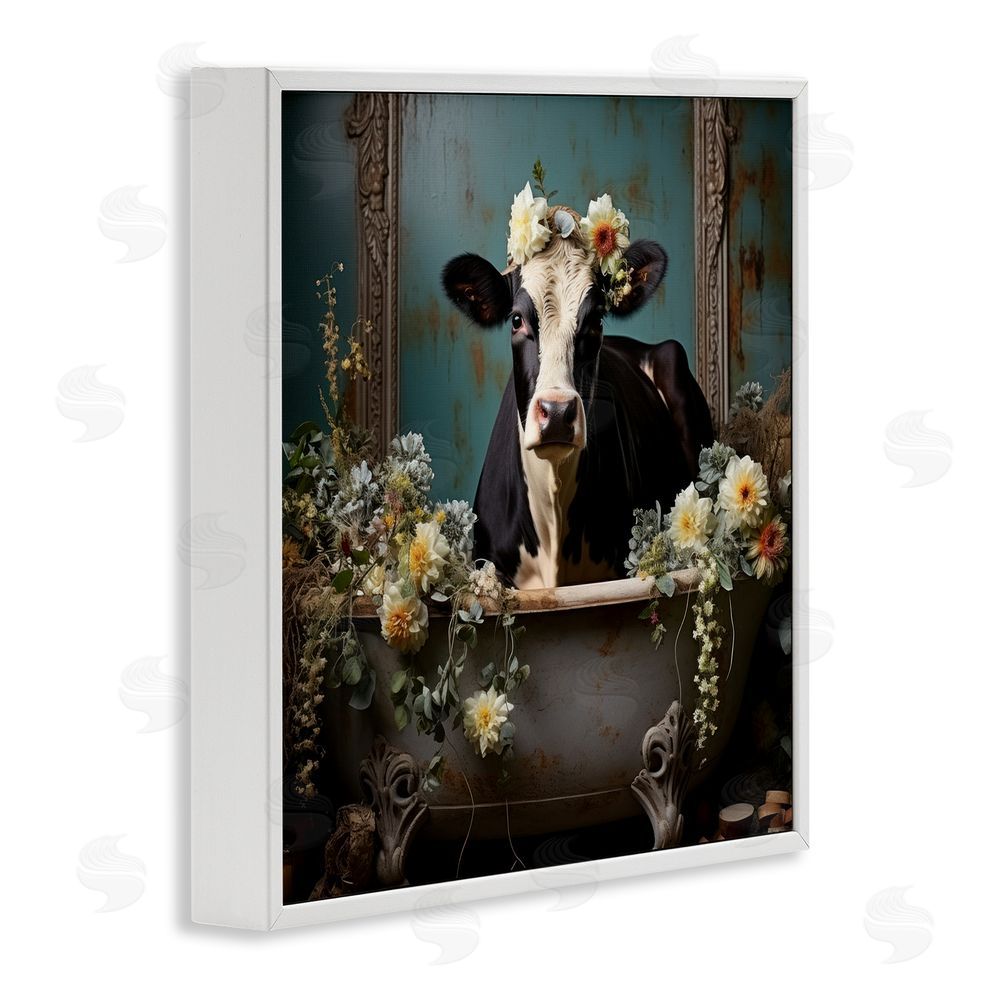 Lazar Studio Vintage Cow in Bathtub White Framed Glicee Wall Art Print
