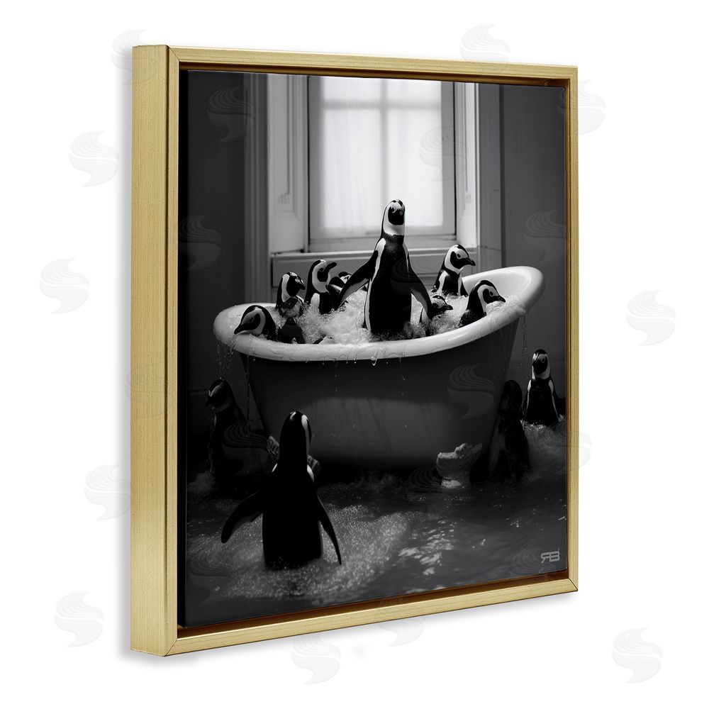 RB Penguin Flock in Tub Gold Floating Frame Canvas Wall Art Print