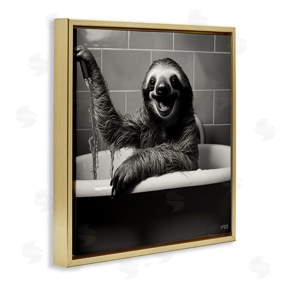 RB Smiling Sloth in Tub Gold Floating Frame Canvas Wall Art Print
