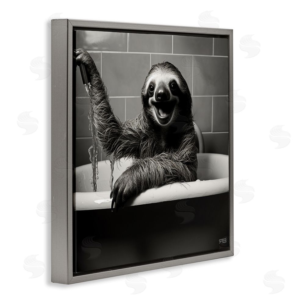 RB Smiling Sloth in Tub Gray Floating Frame Canvas Wall Art Print
