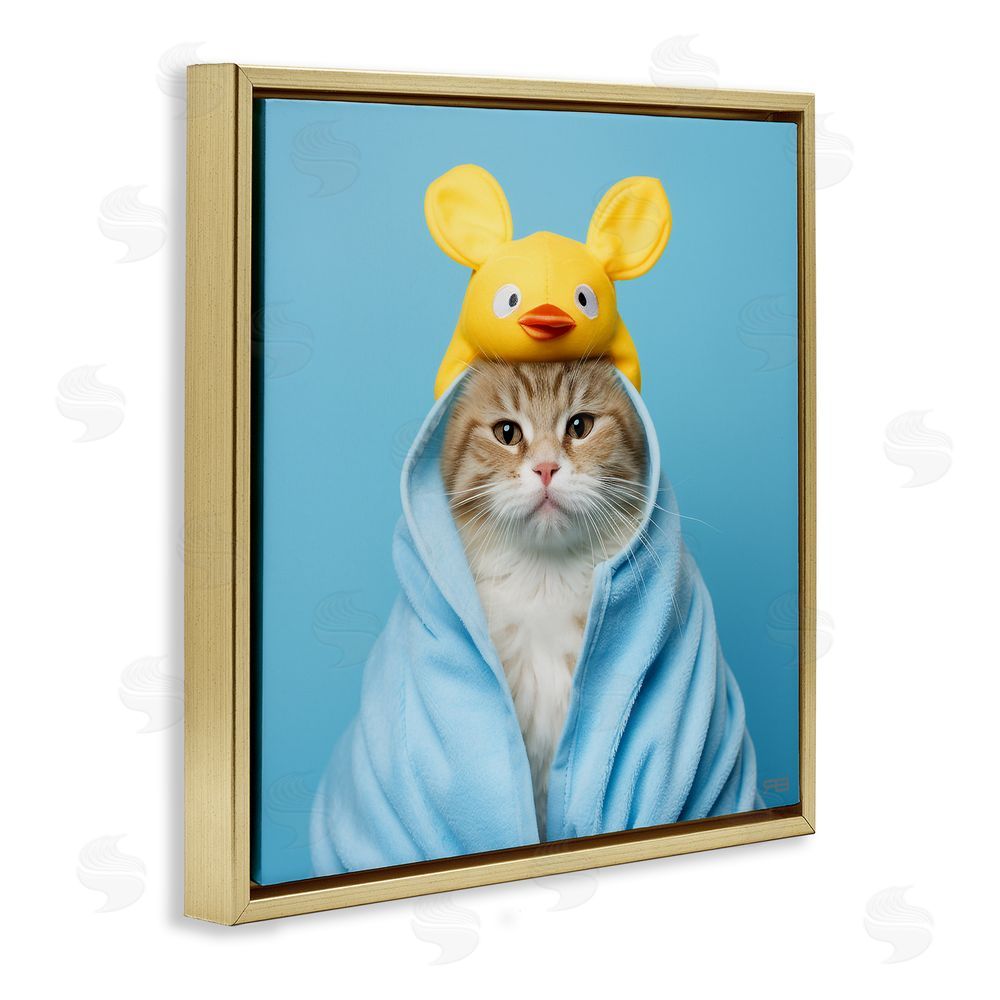 RB Cat in Cozy Bathrobe Gold Floating Frame Canvas Wall Art Print