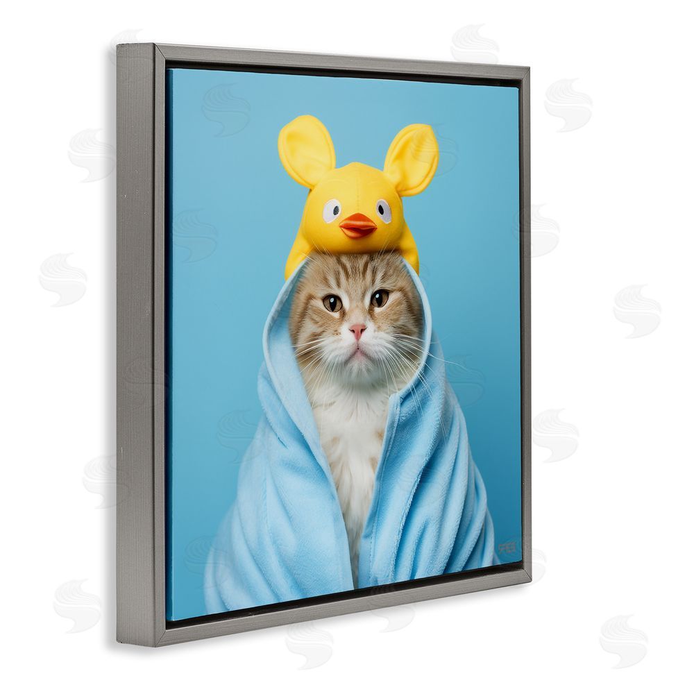 RB Cat in Cozy Bathrobe Gray Floating Frame Canvas Wall Art Print