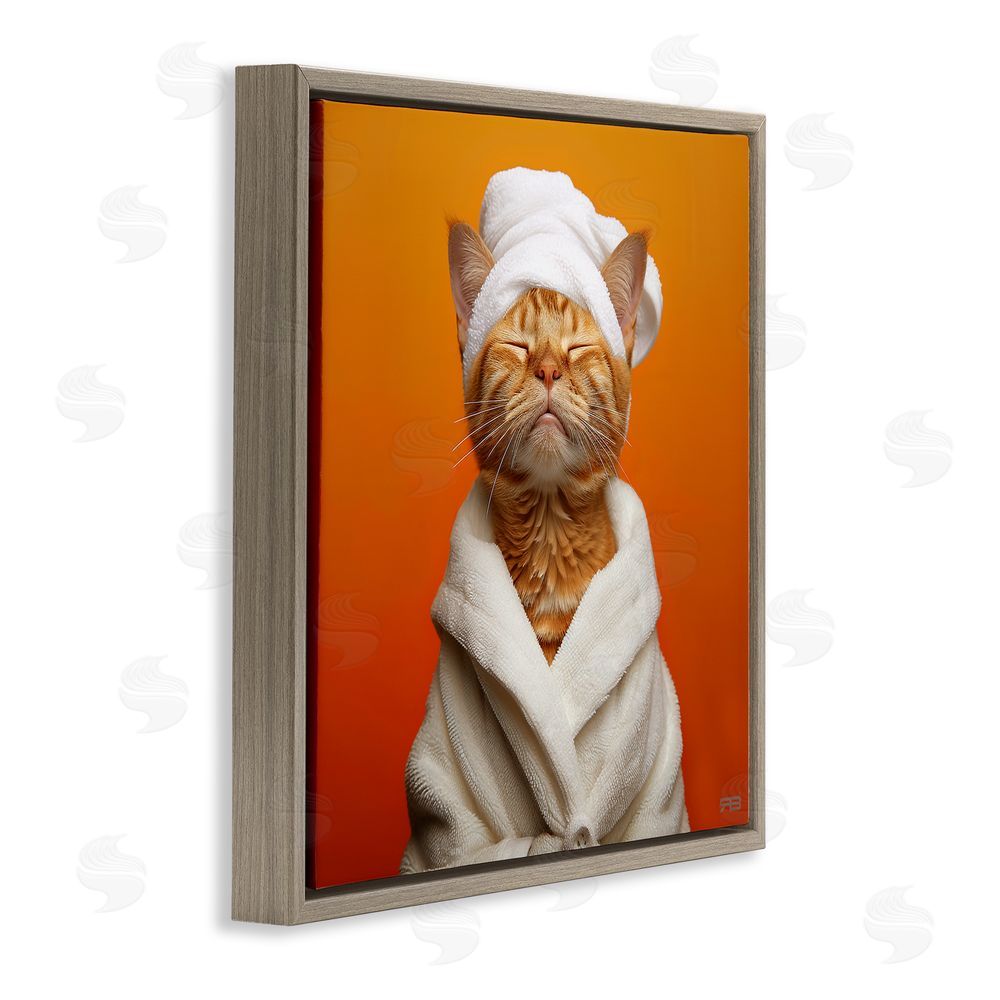 RB Cat in Bathrobe Brown Floating Frame Canvas Wall Art Print