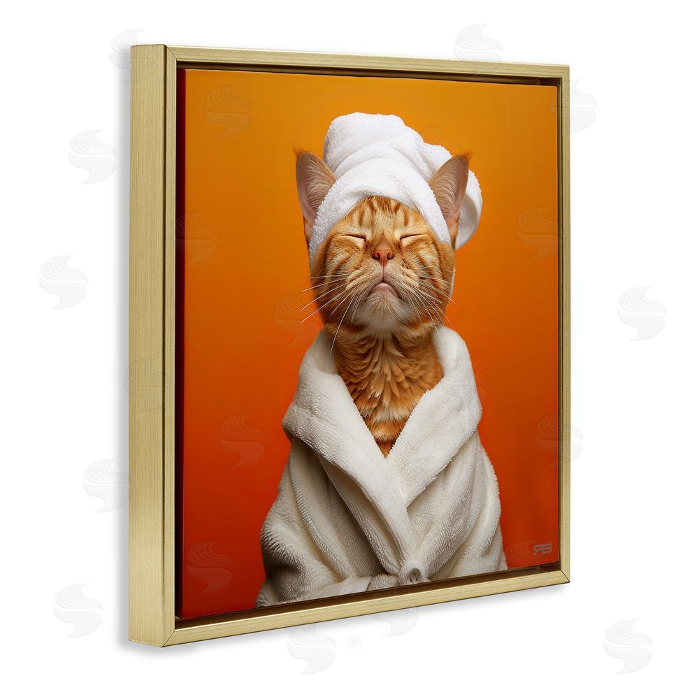 RB Cat in Bathrobe Gold Floating Frame Canvas Wall Art Print