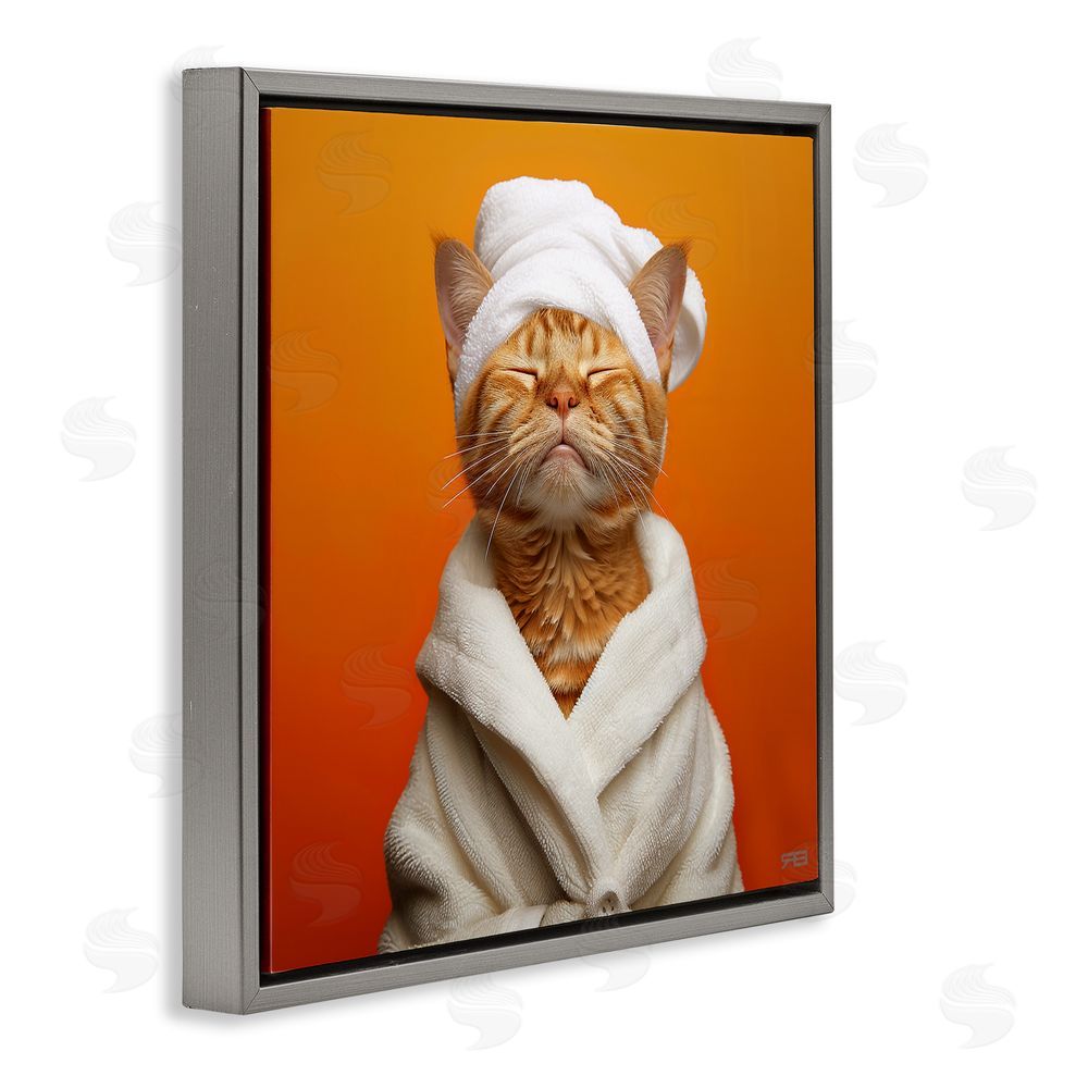 RB Cat in Bathrobe Gray Floating Frame Canvas Wall Art Print