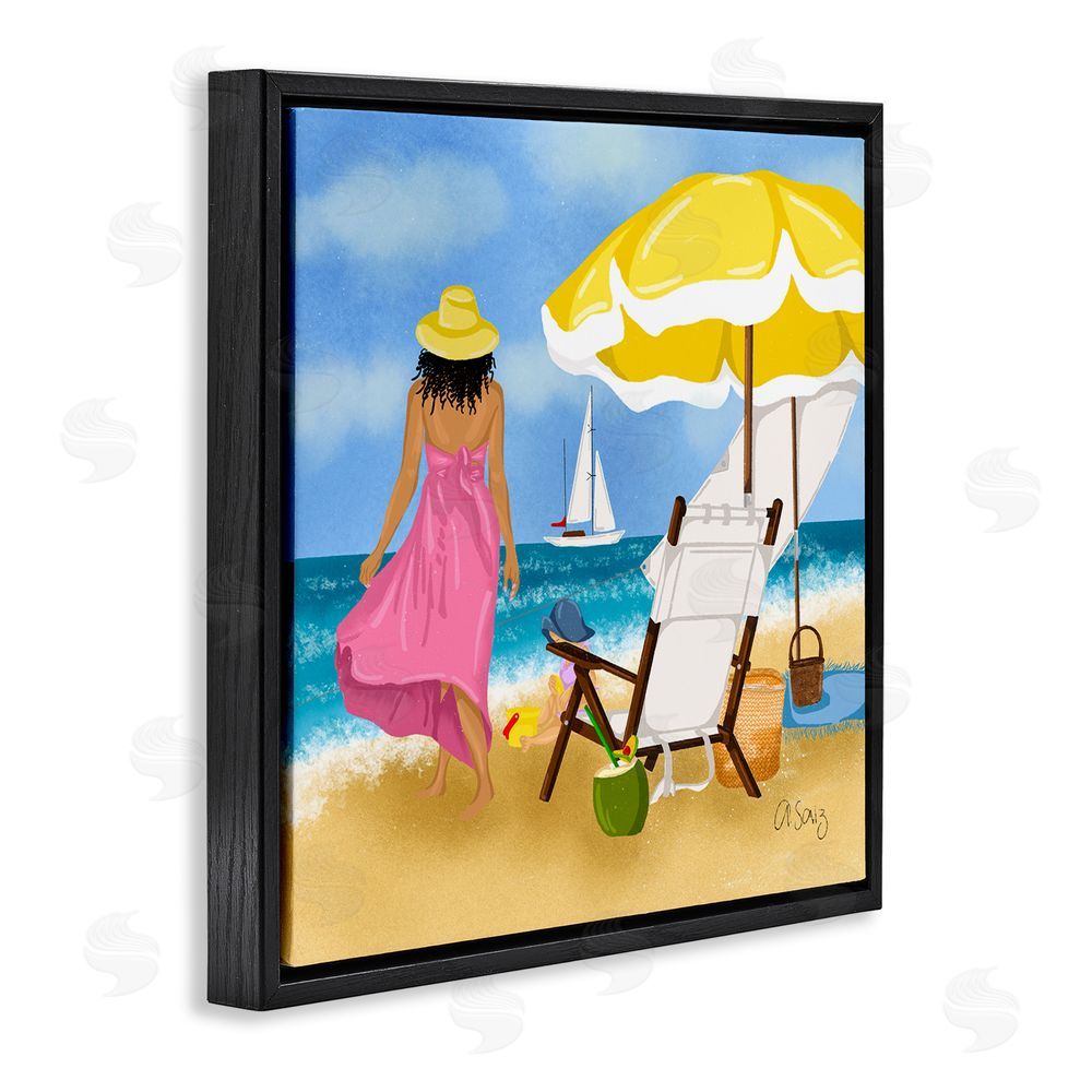 Ale Saiz Studio Woman Strolling Beach Black Floating Frame Canvas Wall Art Print