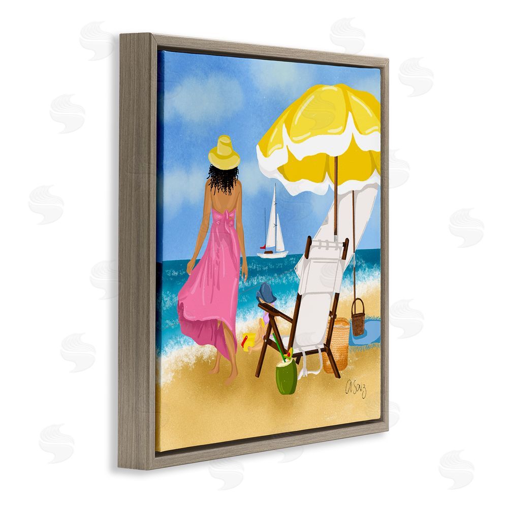 Ale Saiz Studio Woman Strolling Beach Brown Floating Frame Canvas Wall Art Print