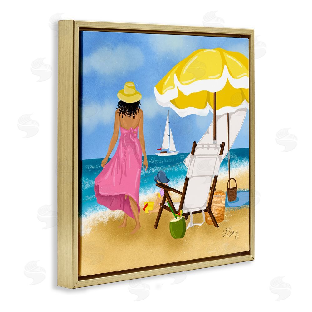 Ale Saiz Studio Woman Strolling Beach Gold Floating Frame Canvas Wall Art Print
