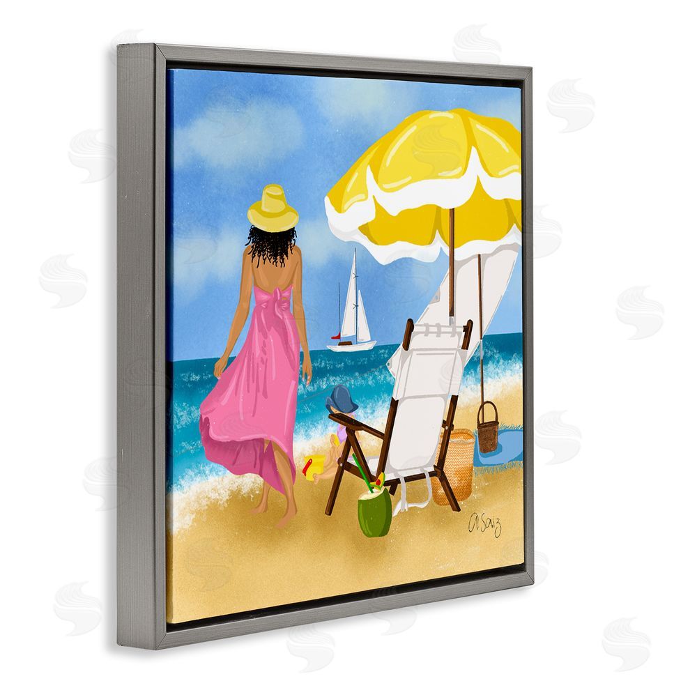 Ale Saiz Studio Woman Strolling Beach Gray Floating Frame Canvas Wall Art Print