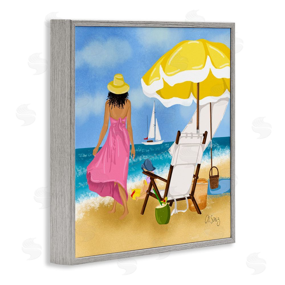 Ale Saiz Studio Woman Strolling Beach Gray Framed Glicee Wall Art Print