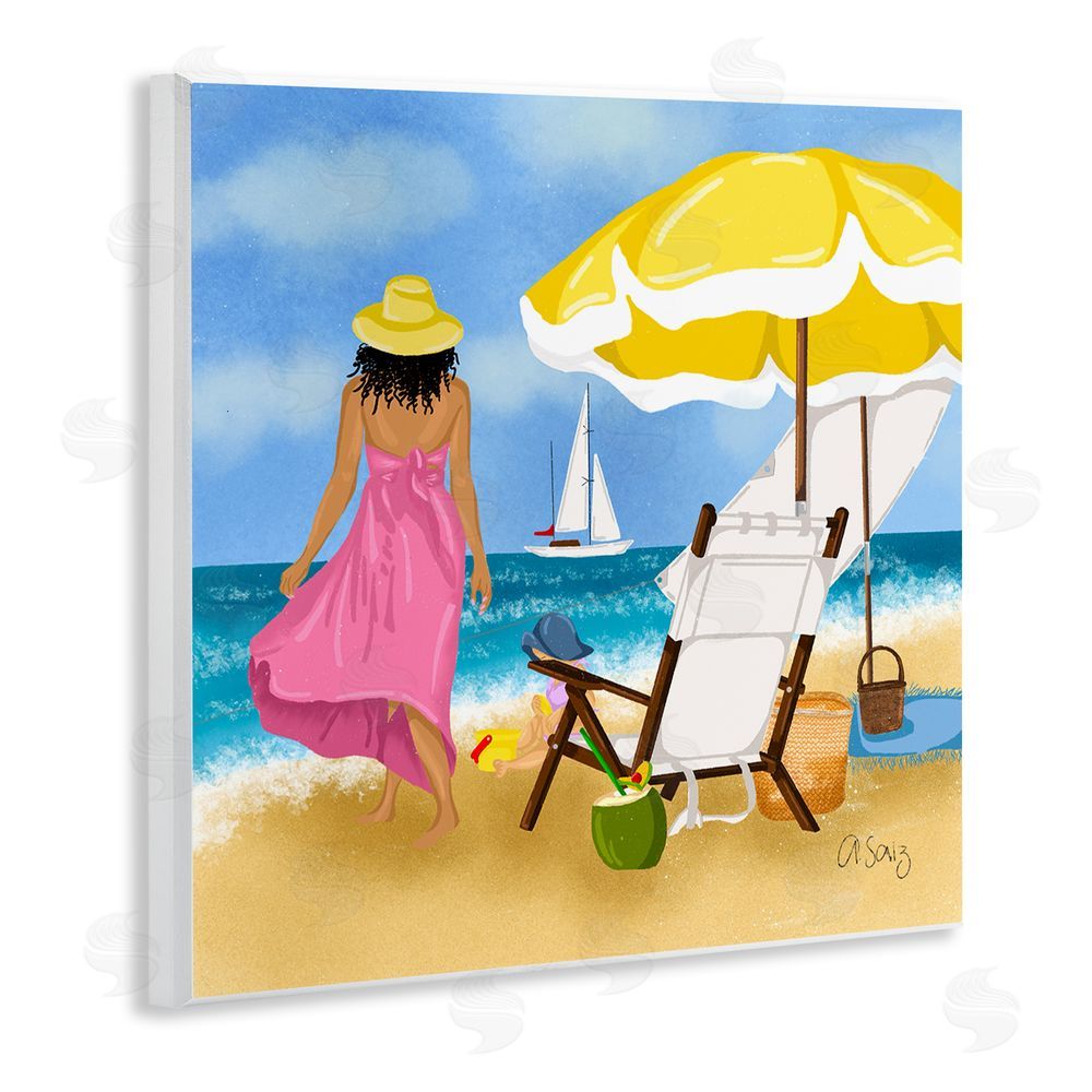 Ale Saiz Studio Woman Strolling Beach Wooden Wall Plaque Art Print
