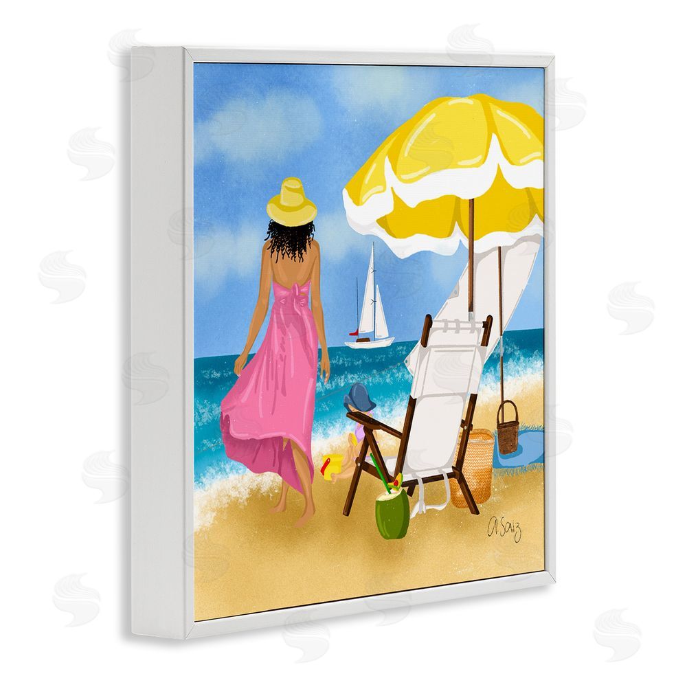 Ale Saiz Studio Woman Strolling Beach White Framed Glicee Wall Art Print