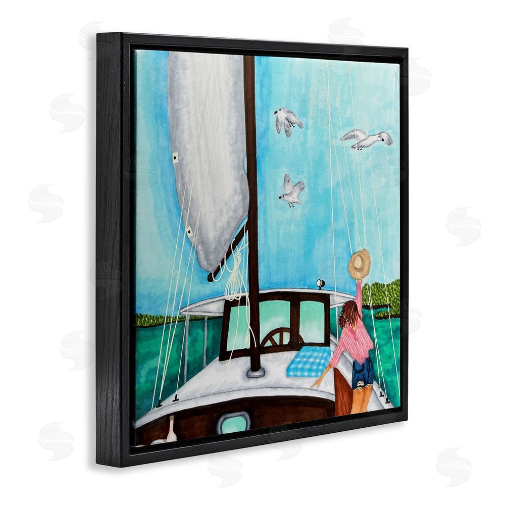 Ale Saiz Studio Girl on Boat Scene Black Floating Frame Canvas Wall Art Print