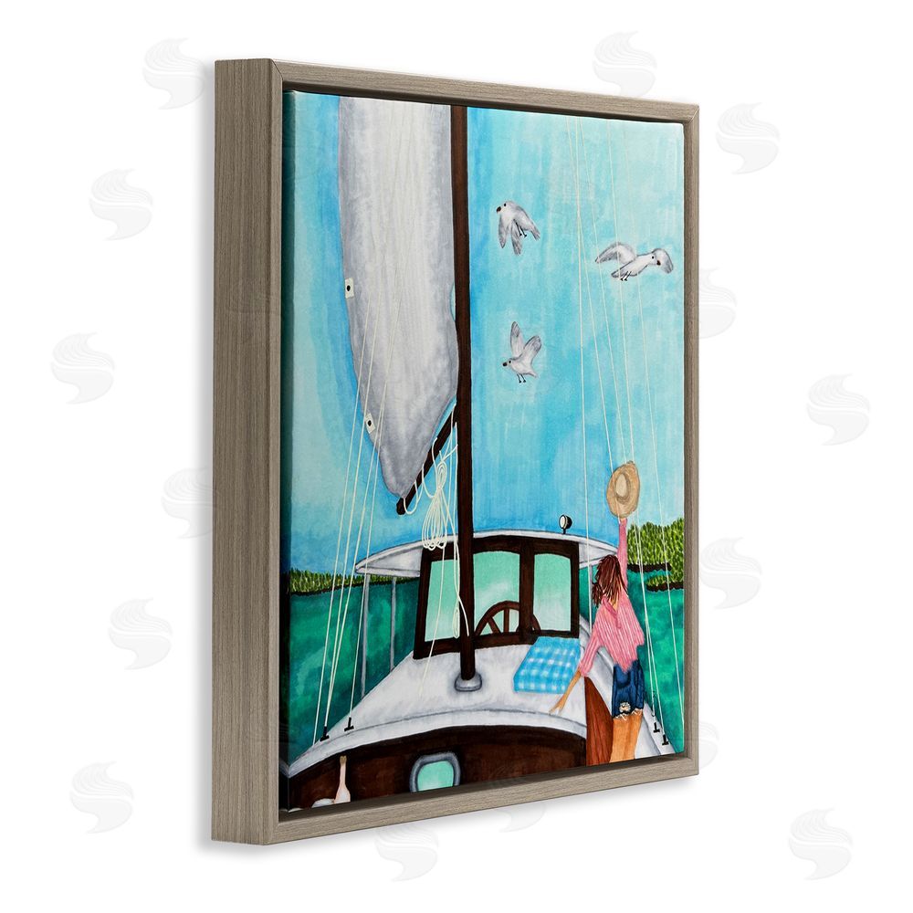 Ale Saiz Studio Girl on Boat Scene Brown Floating Frame Canvas Wall Art Print
