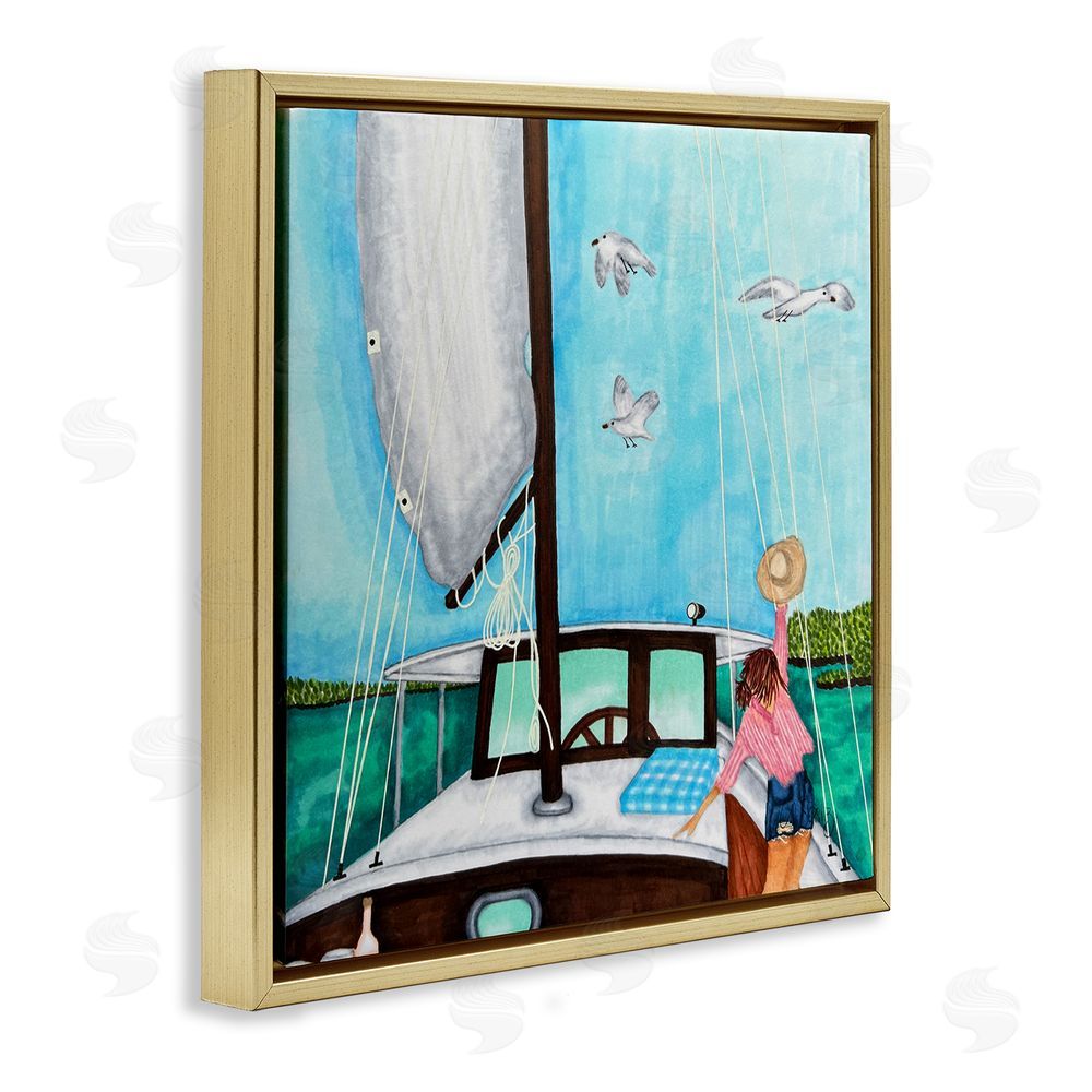 Ale Saiz Studio Girl on Boat Scene Gold Floating Frame Canvas Wall Art Print