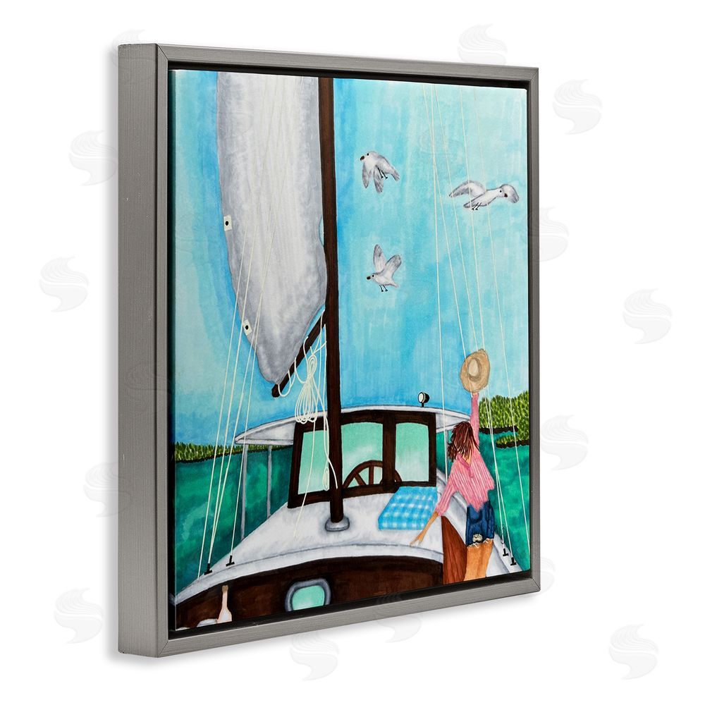 Ale Saiz Studio Girl on Boat Scene Gray Floating Frame Canvas Wall Art Print